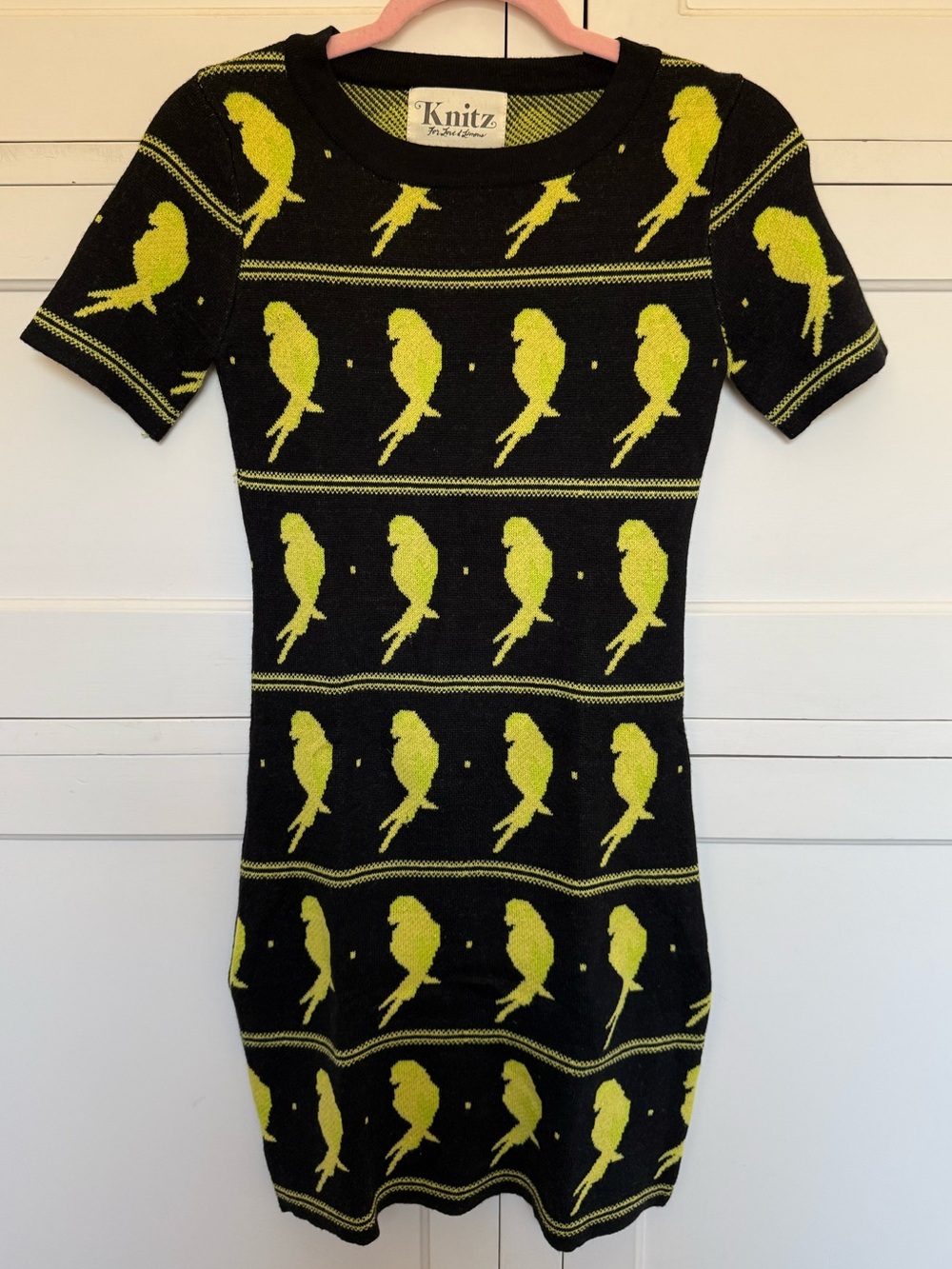 FOR LOVE & LEMONS KNITZ Rare Black Mini Dress with Neon Yellow Parrot Bird